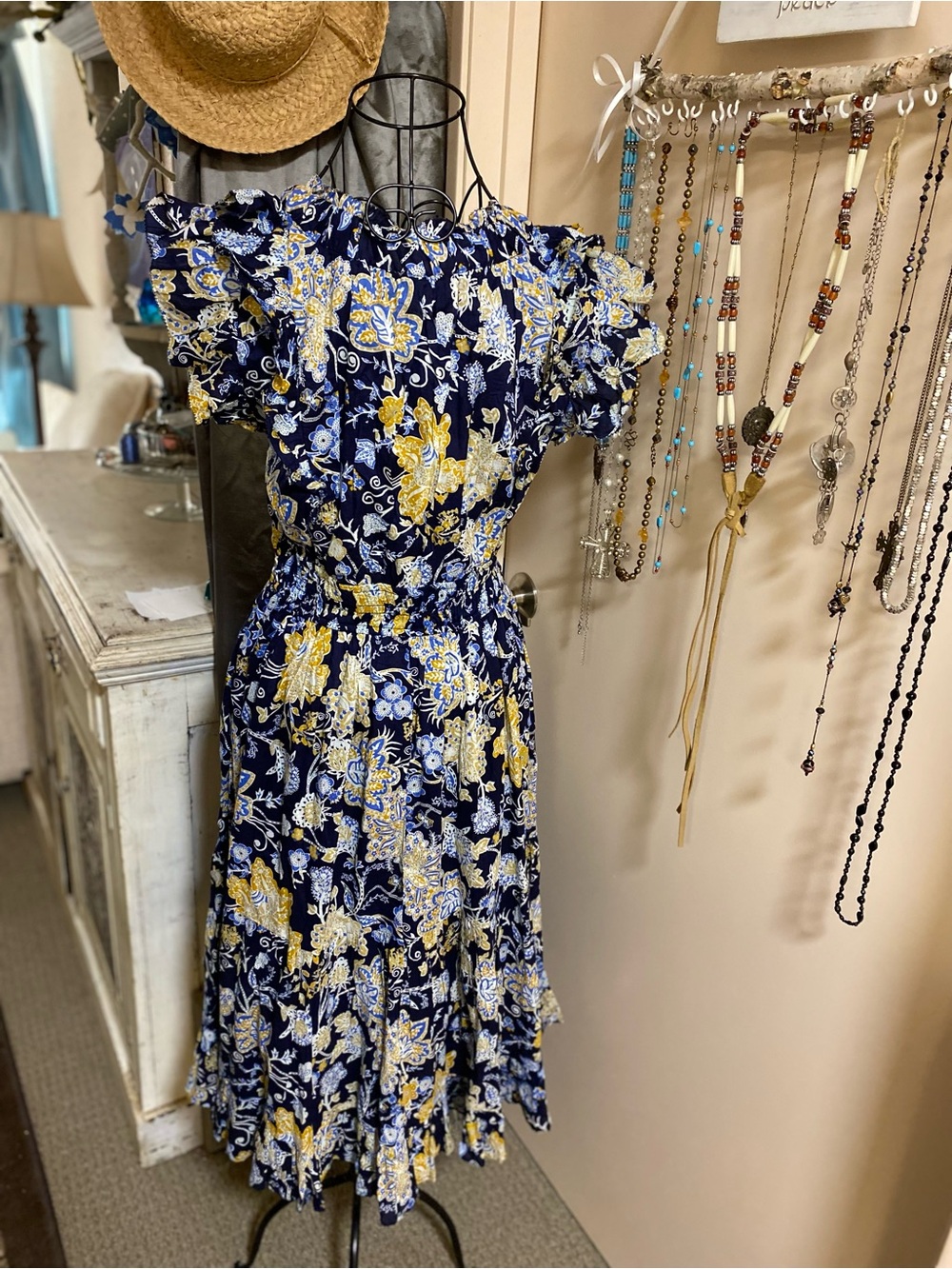 Elan Navy and Yellow Floral Ruffled Midi Dress - Picture 15 of 16